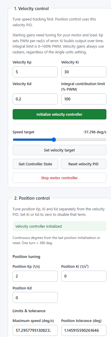 Velocity control card with Kp 5, Ki 30, Kd 0.2, a 100 percent PWM integral contribution limit, and initialize, target, reset, and stop buttons
